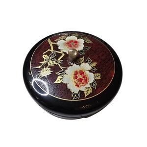 Vintage Japanese Lacquerware Lidded Bowl Floral Peony Black Gold Candy Dish 7.5"